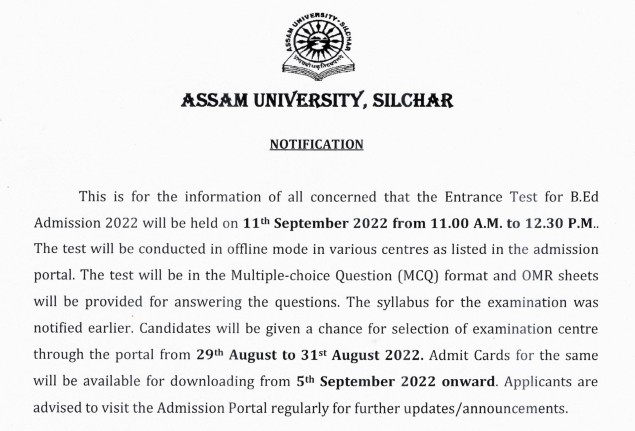 Assam University B.Ed Admit Card 2022 Download (Link) - BEd Entrance