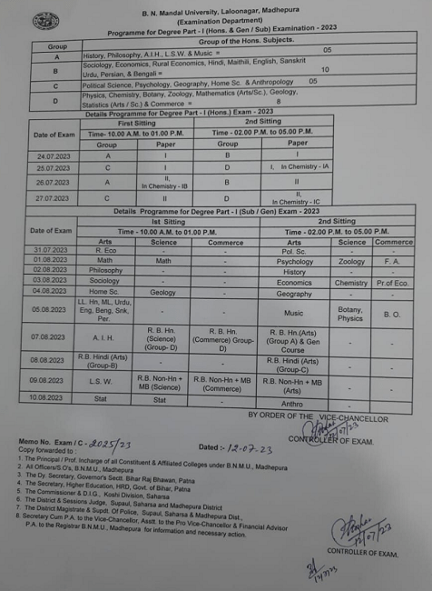 BNMU Part 1 Exam Date 2023 (24 जुलाई से शुरू) BA BSc BCom Exam Schedule ...